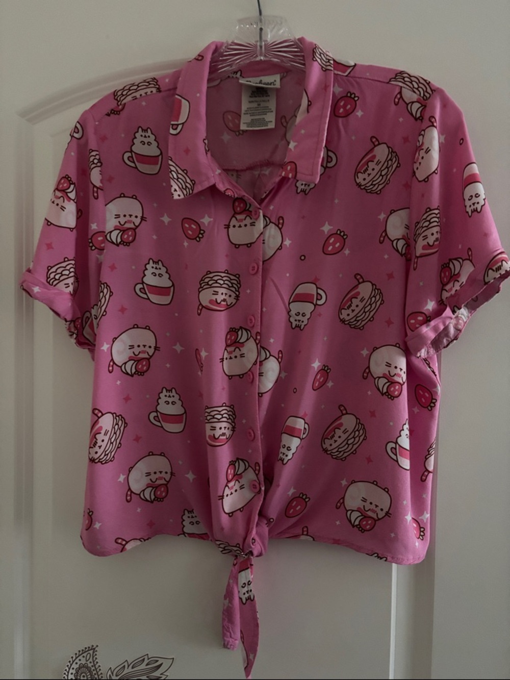 Pink Kawaii Dessert Print Tie-Front Button Shirt